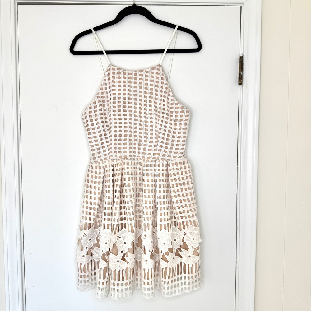 Aqua White Crochet Lace Floral Grid Mini Dress Nude Lining Size Medium